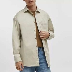 Mode of One Mens Relaxed-Fit Button-Down Twill Shirt Dark Ecru Small Minimalist